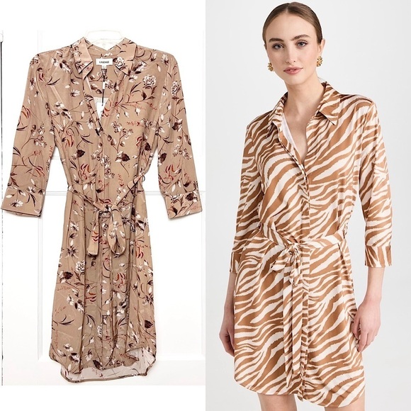 NWT L’AGENCE Silk Beige Floral Tie Waist Button Up Long Sleeve Shirt Dress XS - Picture 1 of 5